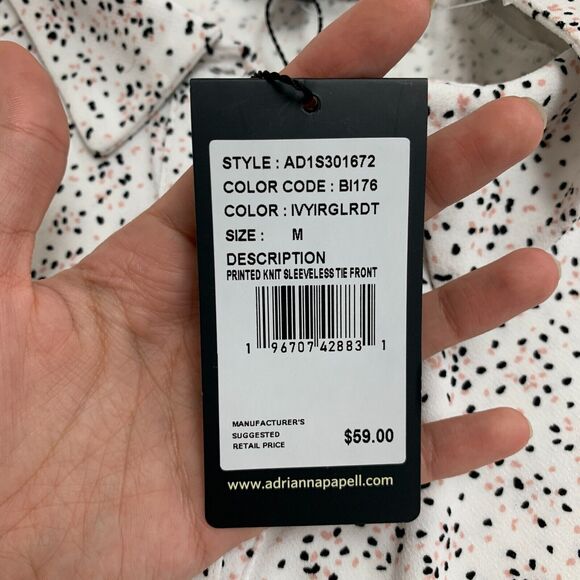 Adrianna Papell Printed Knit Blouse Women M White Sleeveless Button Up Tie Front - Picture 9 of 12